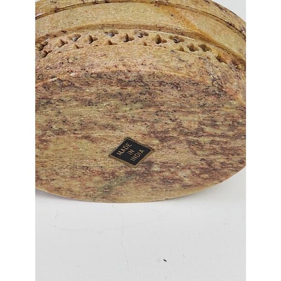 Vintage Carved Soapstone Trinket Jewelry Box Mother of Pearl Floral Inlay Decor - Picture 9 of 11